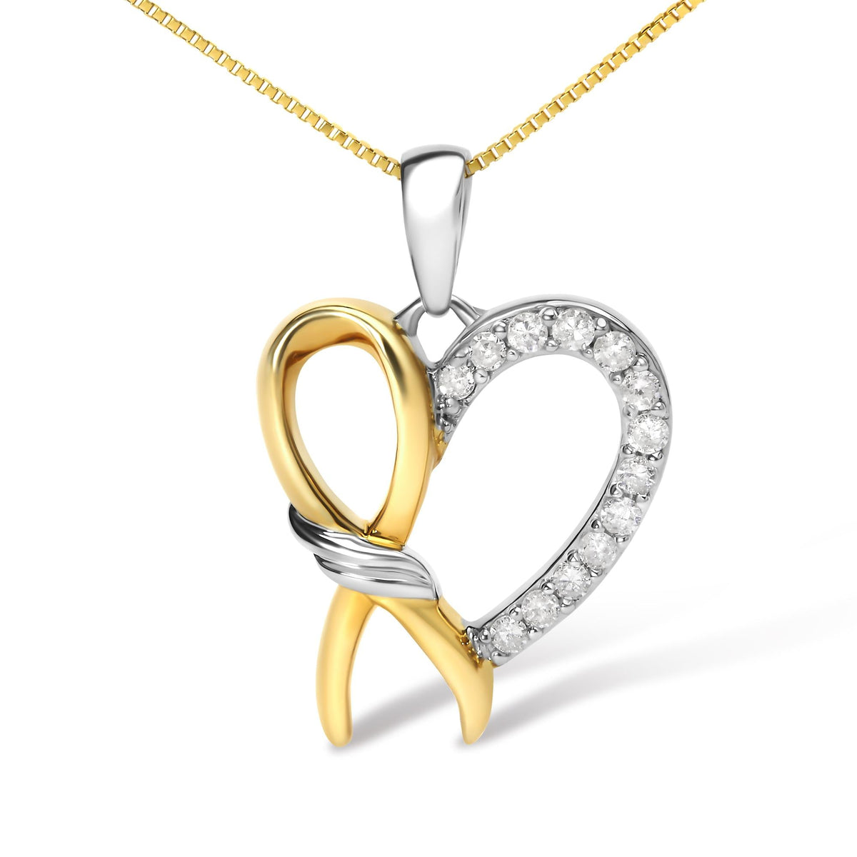 10K Yellow Gold Plated .925 Sterling Silver 1/5 Cttw Diamond Ribbon Heart Pendant Necklace (H-I Color, I2-I3 Clarity) - 18in