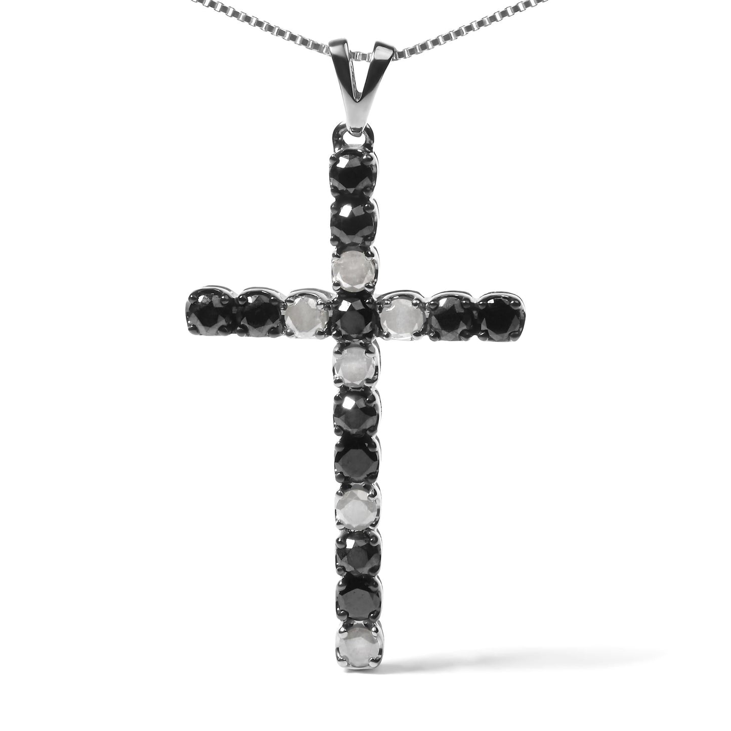 .925 Sterling Silver 1.0 Cttw Black and White Diamond Alternating Classic Cross 18in Pendant Necklace (Black/I-J Color, I3 Clarity)