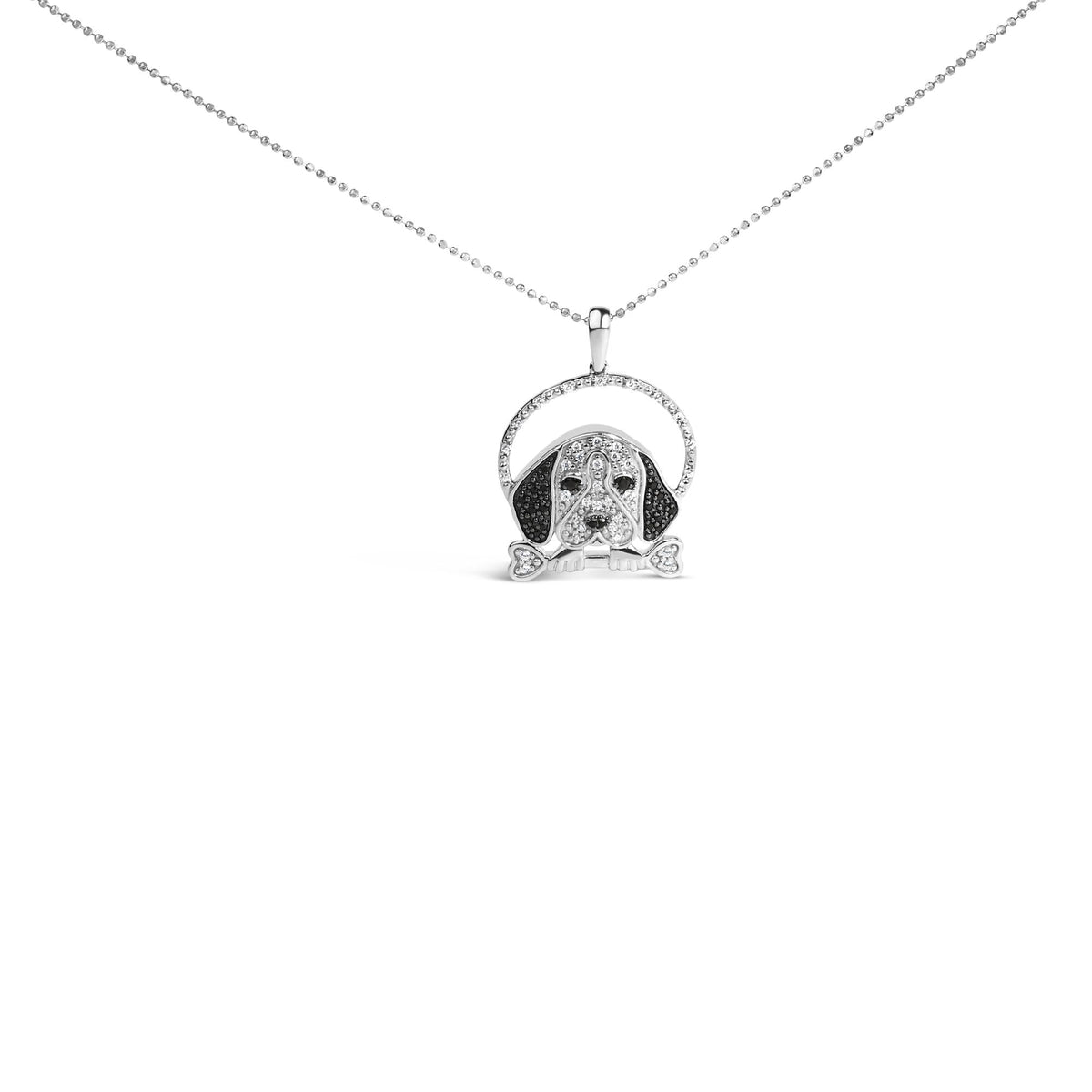 .925 Sterling Silver 1/4 Cttw White and Black Diamond Beagle Dog and Bone Pendant Necklace (I-J Color, I2-I3 Clarity) - 18in