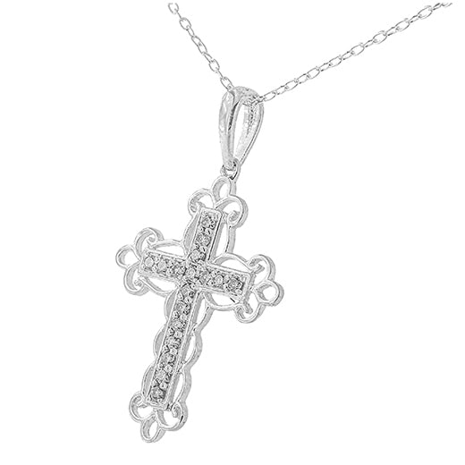 .925 Sterling Silver 1/4 Cttw Round Cut Diamond Art Deco Style Cross 18in Pendant Necklace (J-K Color, I2-I3 Clarity)
