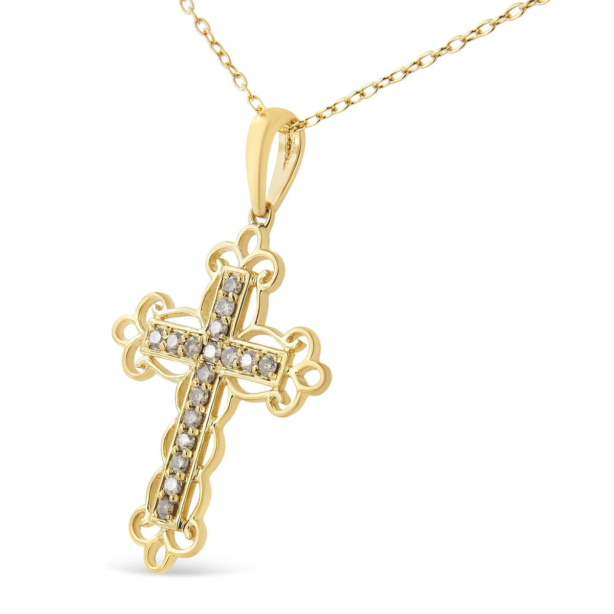 10K Yellow Flashed .925 Sterling Silver 1/4 Cttw Champagne Diamond Filigree Cross Pendant Necklace (K-L Color, I1-I2 Clarity) - 18in