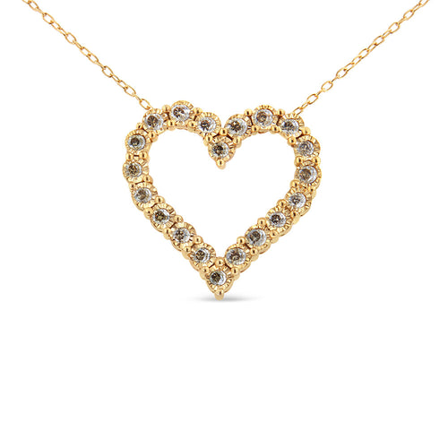 Gold heart-shaped necklace with embedded diamonds on a white background