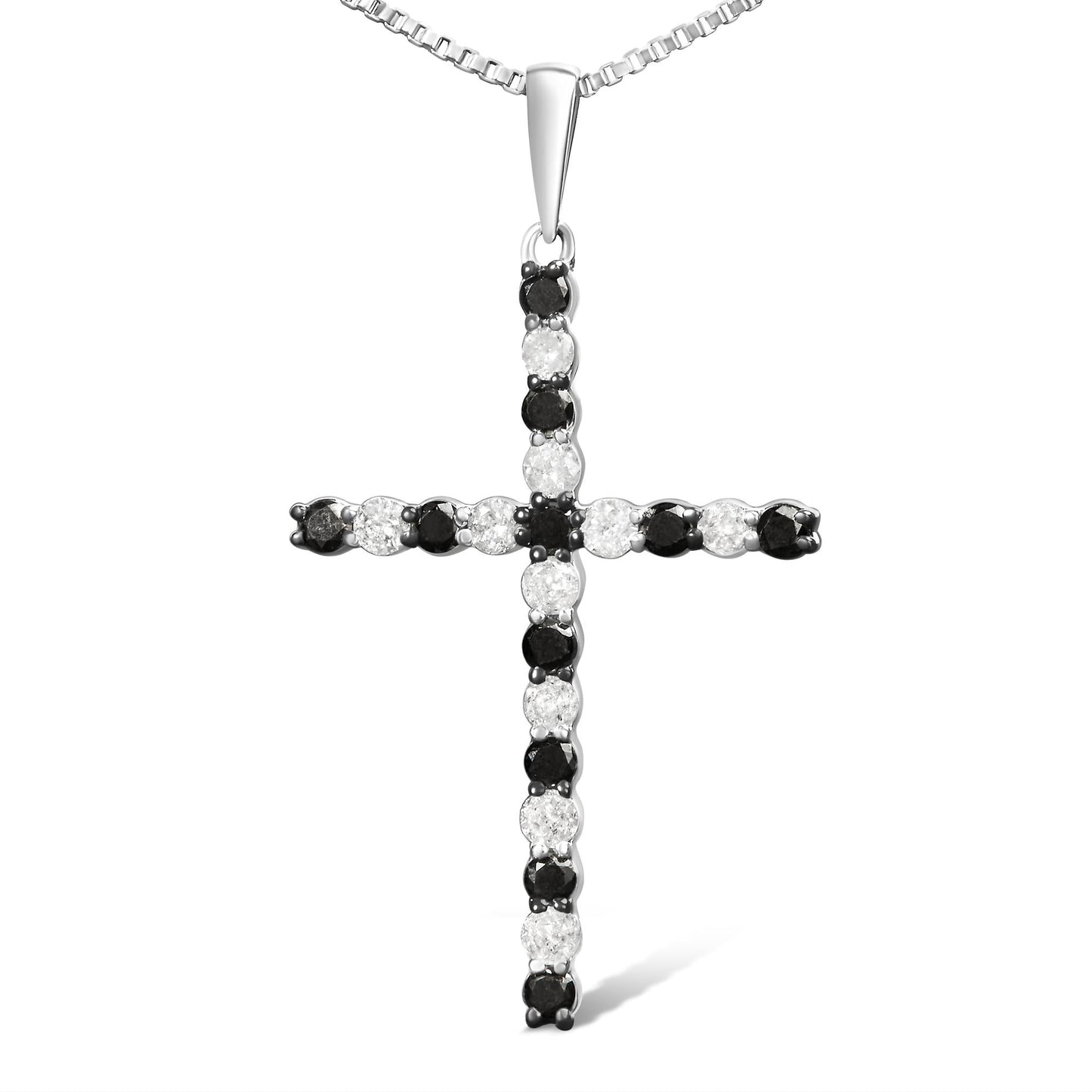 .925 Sterling Silver 1/2 Cttw Alternating Black and White Diamond Cross Pendant Necklace (H-I Color, I2-I3 Clarity) - 18in