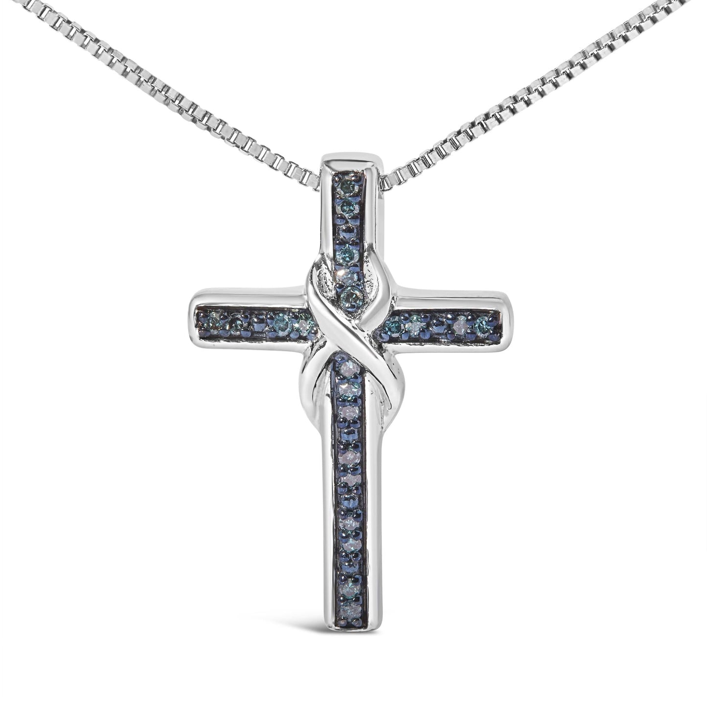 .925 Sterling Silver 1/10 Cttw Blue Diamond Inlaid Cross with Ribbon Pendant Necklace (Blue Color, I2-I3 Clarity) - 18in