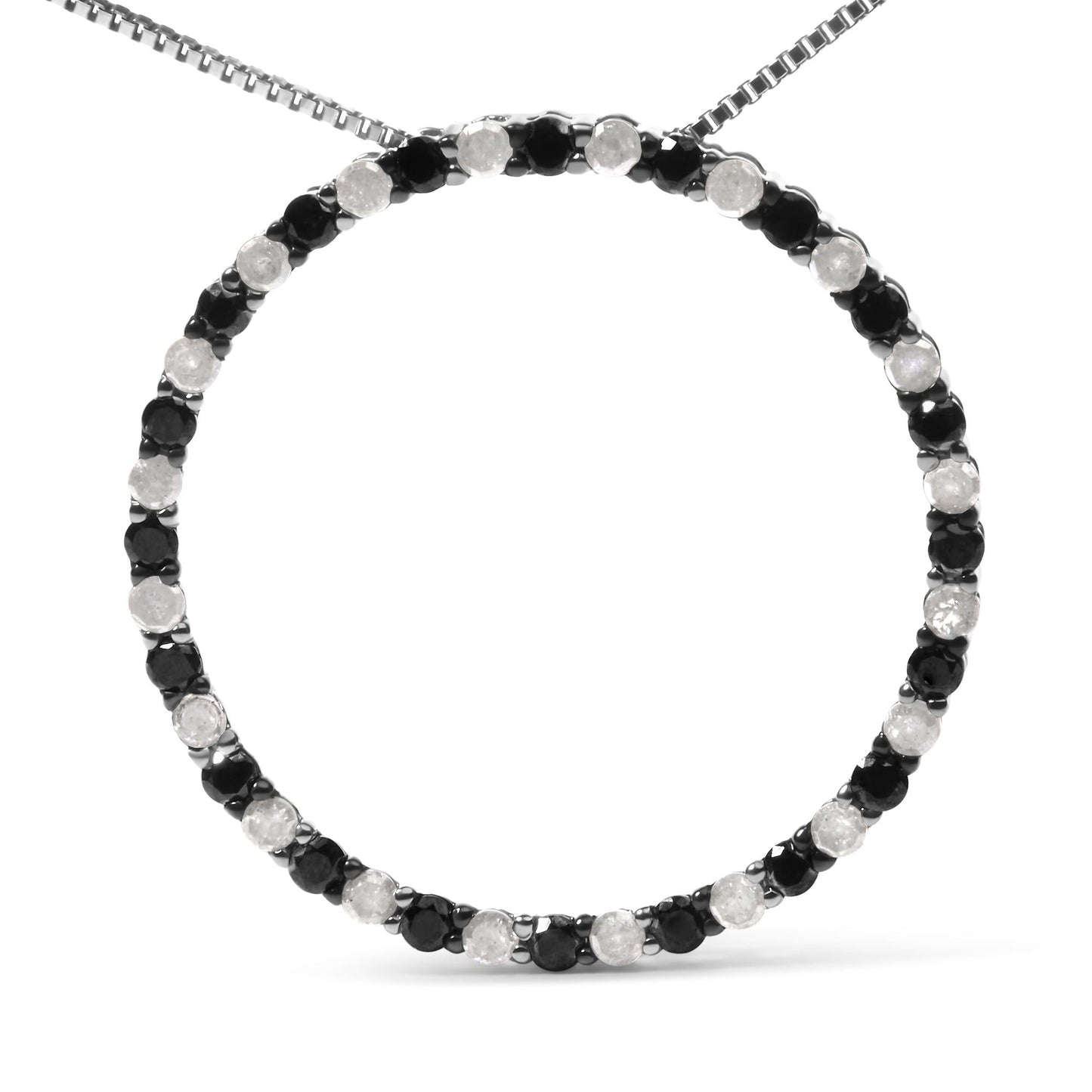 .925 Sterling Silver 1.0 Cttw Alternating Black and White Diamond Open Hoop Circle Pendant Necklace - 18 Inches