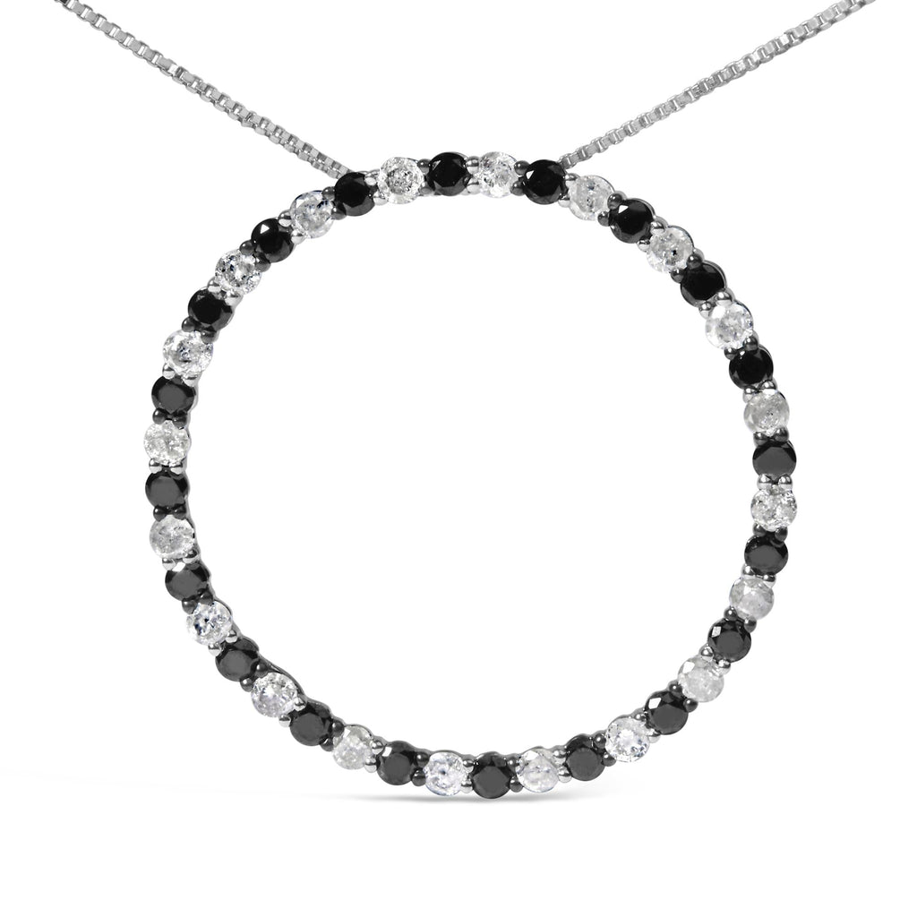 .925 Sterling Silver 2.0 Cttw Alternating Black and White Diamond Open Hoop Circle Pendant Necklace (H-I Color, I2-I3 Clarity) - 18 Inches
