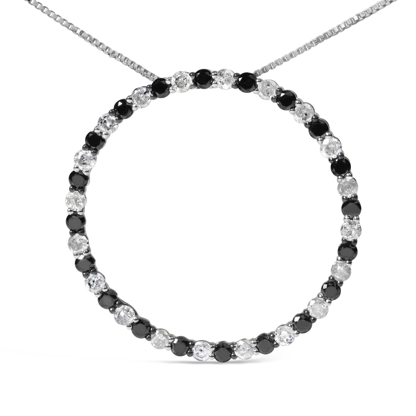 .925 Sterling Silver 2.0 Cttw Alternating Black and White Diamond Open Hoop Circle Pendant Necklace (H-I Color, I2-I3 Clarity) - 18 Inches