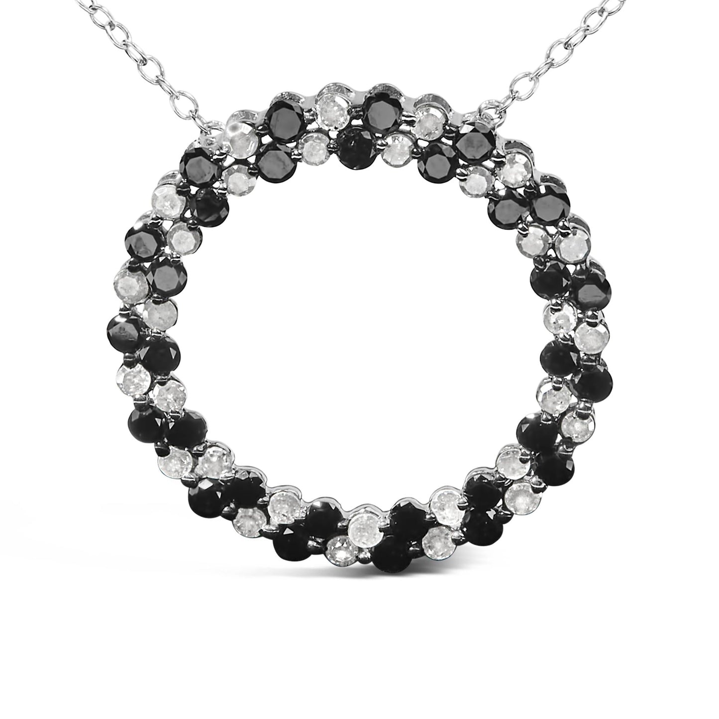 .925 Sterling Silver 1 3/5 Cttw Alternating Treated Black and White Diamond Double Row Open Circle Pendant Necklace (H-I Color, I3 Clarity) - 18in
