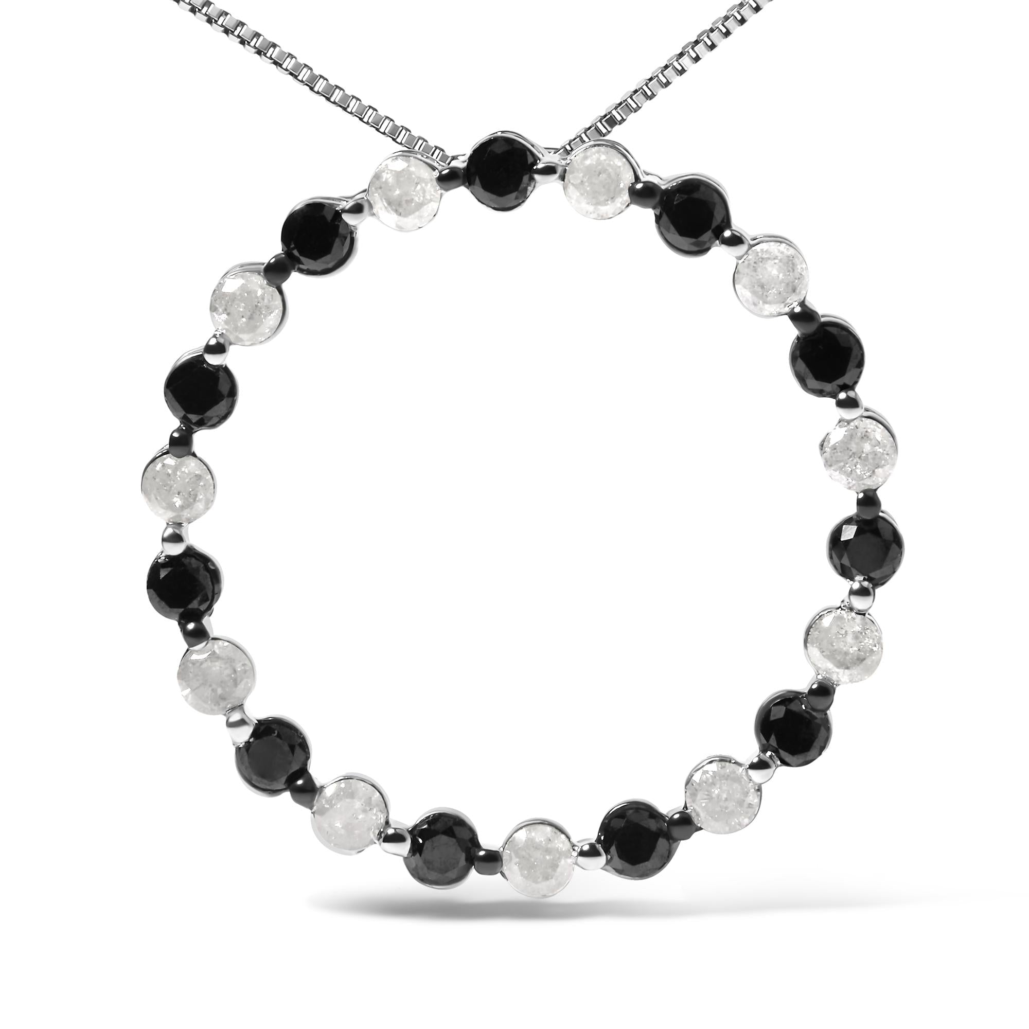 .925 Sterling Silver 1 3/4 Cttw Alternating Black and White Diamond Open Circle Hoop Pendant Necklace (H-I Color, I2-I3 Clarity) - 18 Inches