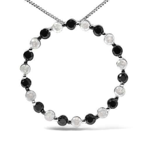 .925 Sterling Silver 1 3/4 Cttw Alternating Black and White Diamond Open Circle Hoop Pendant Necklace (H-I Color, I2-I3 Clarity) - 18 Inches