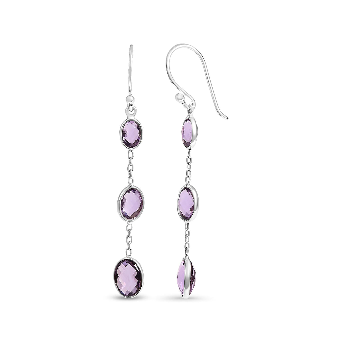 .925 Sterling Silver Checkerboard Cut Oval Purple Amethyst 2 Inch Drop and Dangle Earrings