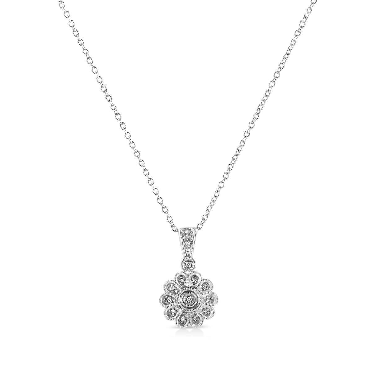 .925 Sterling Silver Diamond Accent Sunburst Milgrain 18in Pendant Necklace (I-J Color, I1-I2 Clarity)