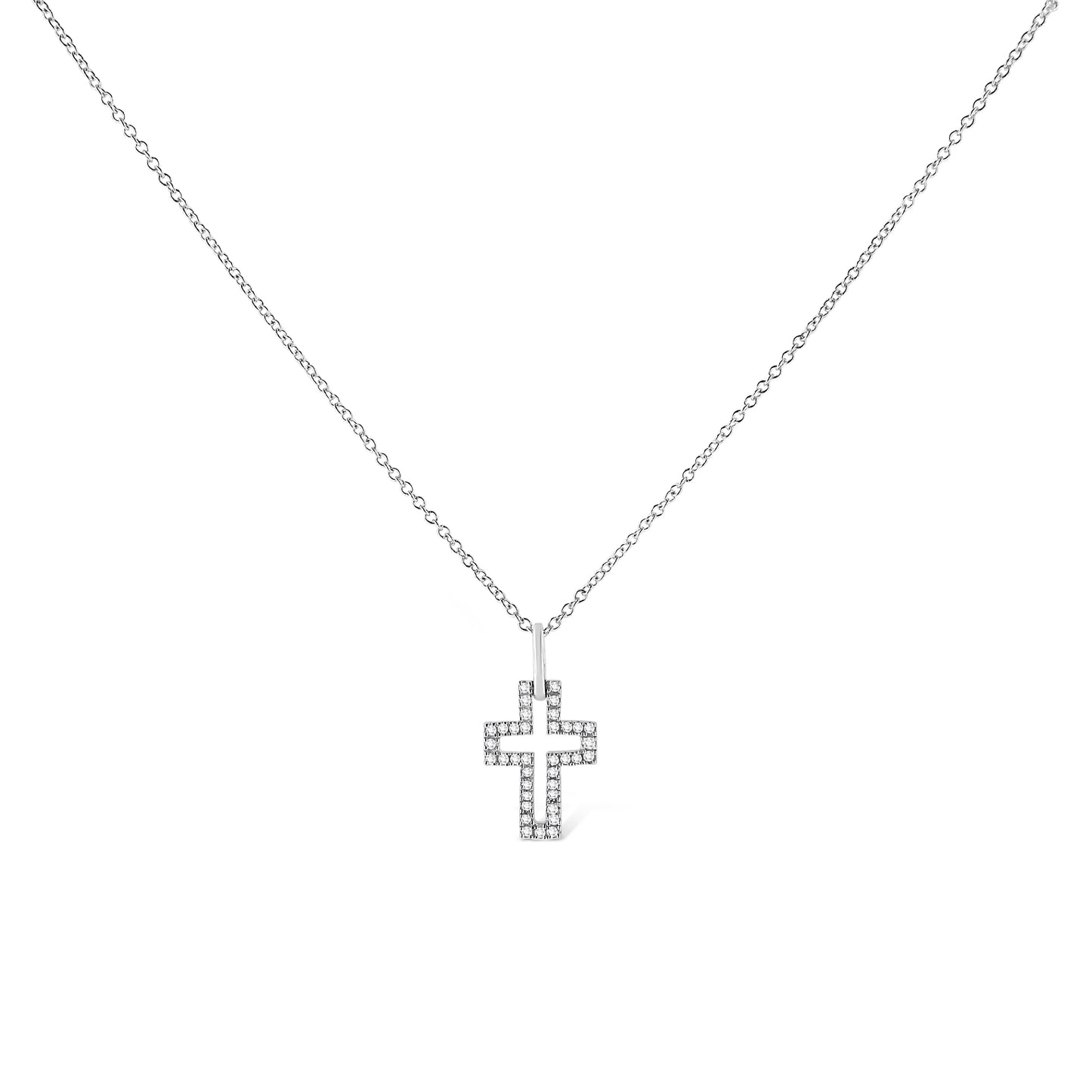 .925 Sterling Silver 1/10 cttw Pave-Set Round-Cut Diamond Open Cross 18in Pendant Necklace (I-J Color, I1-2 Clarity)