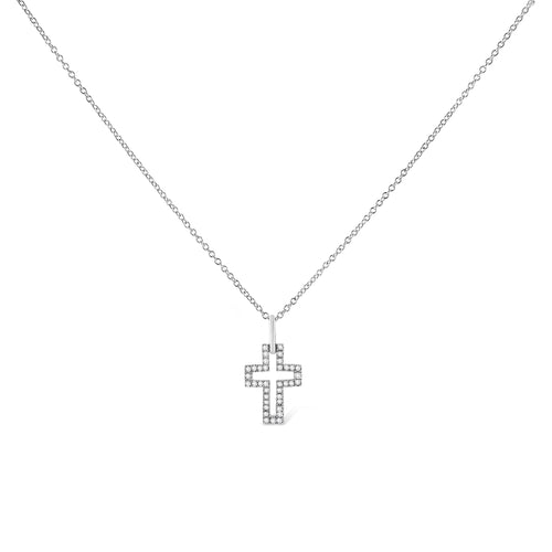 .925 Sterling Silver 1/10 cttw Pave-Set Round-Cut Diamond Open Cross 18in Pendant Necklace (I-J Color, I1-2 Clarity)