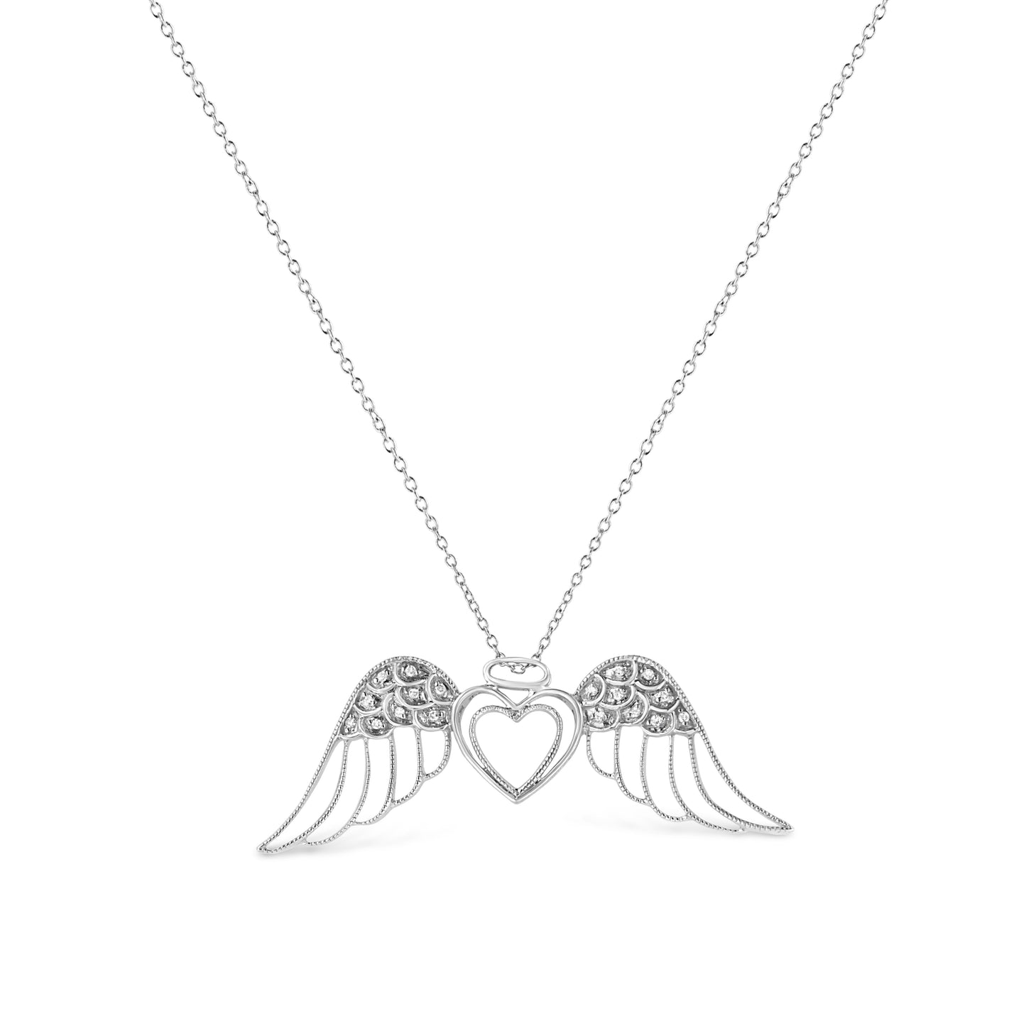 .925 Sterling Silver Pave-Set Diamond Accent Angel Wing 18in Double Heart Pendant Necklace (I-J Color, I1-I2 Clarity)