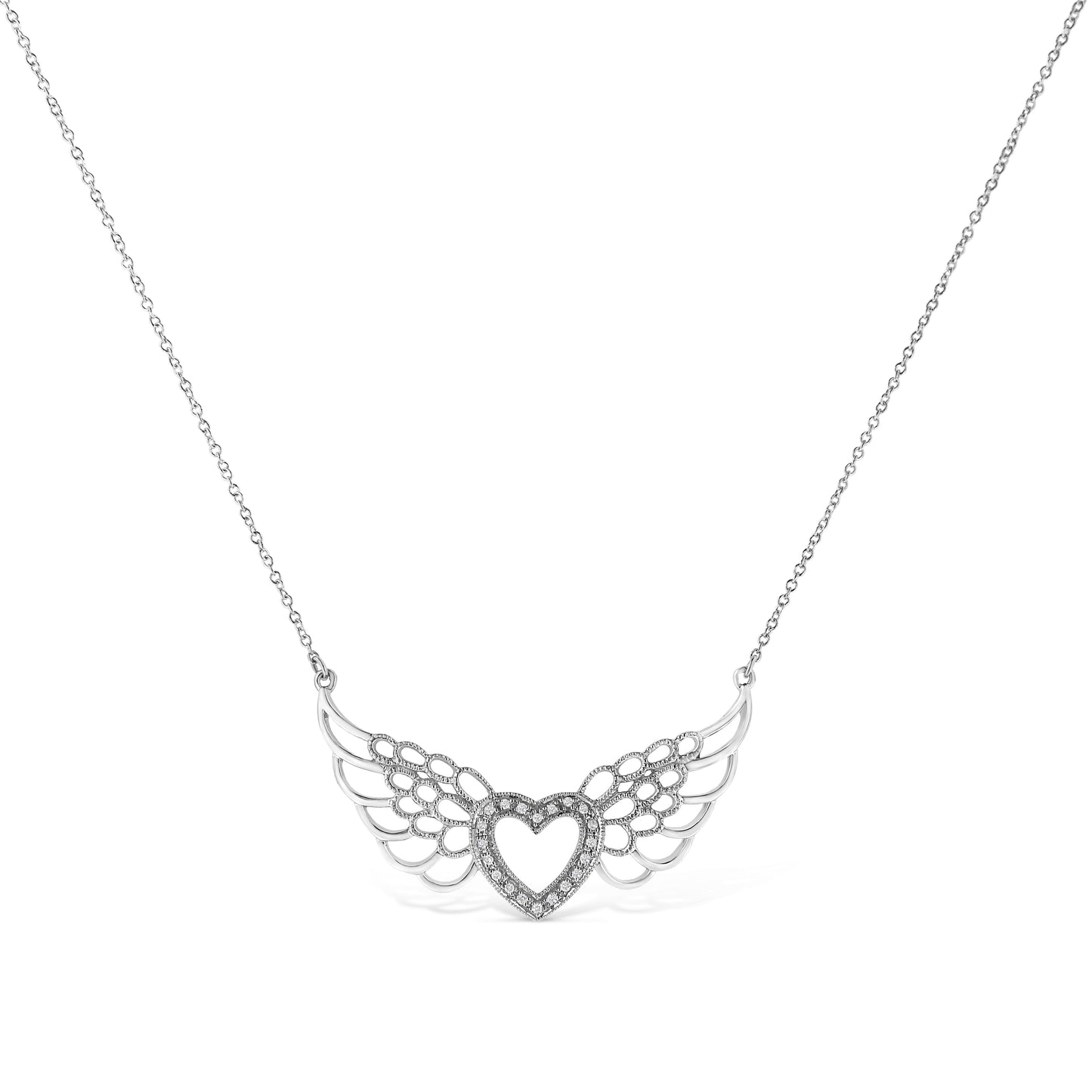.925 Sterling Silver Pave-Set Diamond Accent Fairy Wing 18in Heart Pendant Necklace (I-J Color, I1-I2 Clarity)