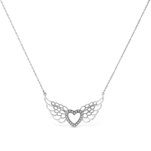 .925 Sterling Silver Pave-Set Diamond Accent Fairy Wing 18in Heart Pendant Necklace (I-J Color, I1-I2 Clarity)