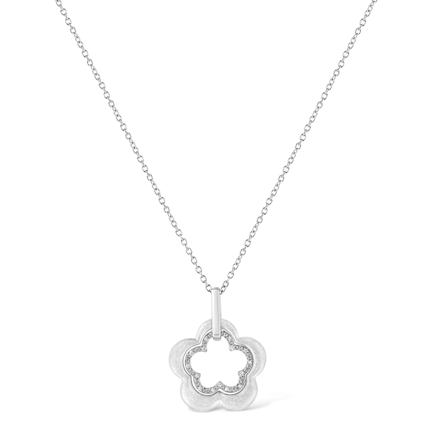 Matte Finished .925 Sterling Silver Diamond Accent Double Flower Shape 18in Satin Finished Pendant Necklace (I-J Color, I1-I2 Clarity)
