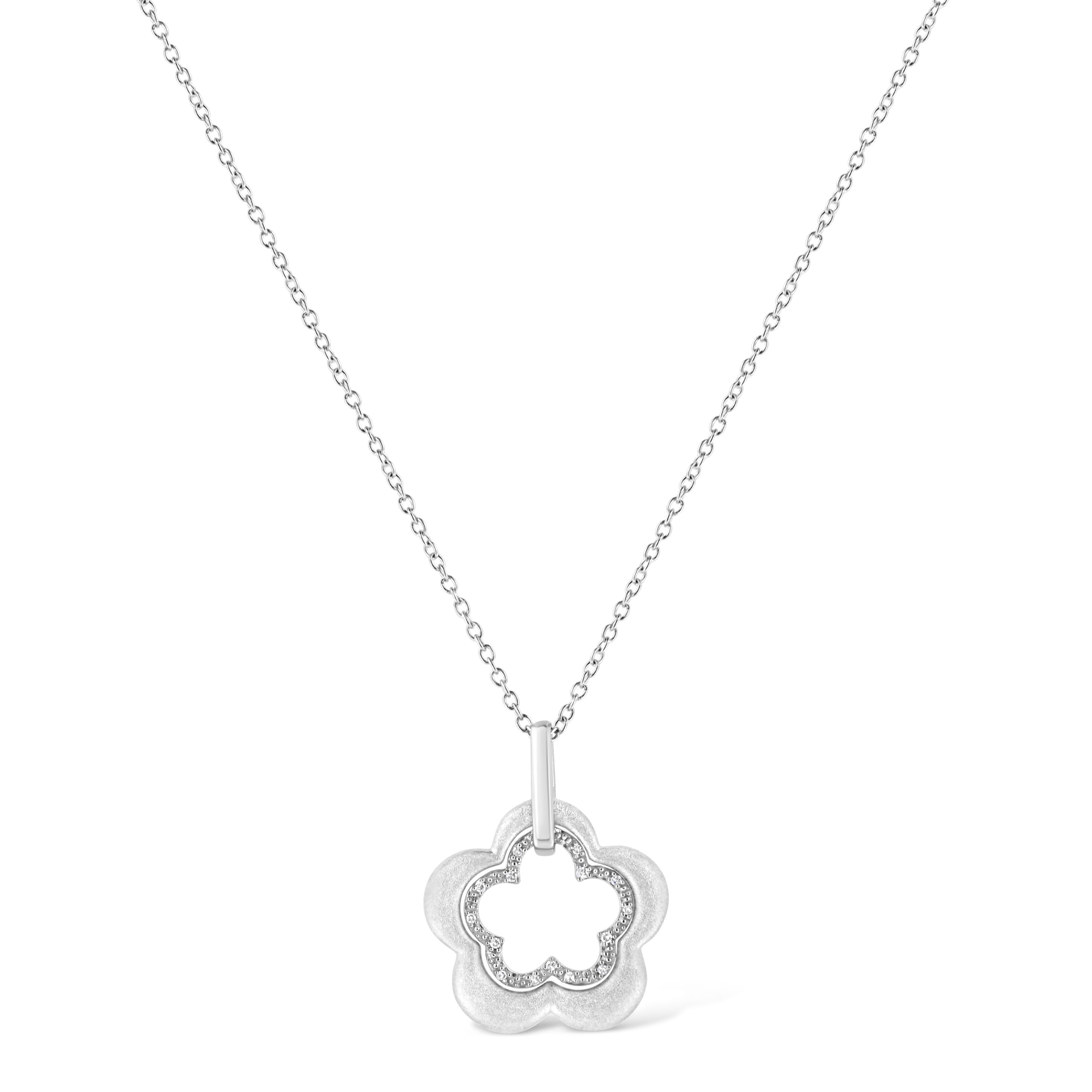 Matte Finished .925 Sterling Silver Diamond Accent Double Flower Shape 18in Satin Finished Pendant Necklace (I-J Color, I1-I2 Clarity)