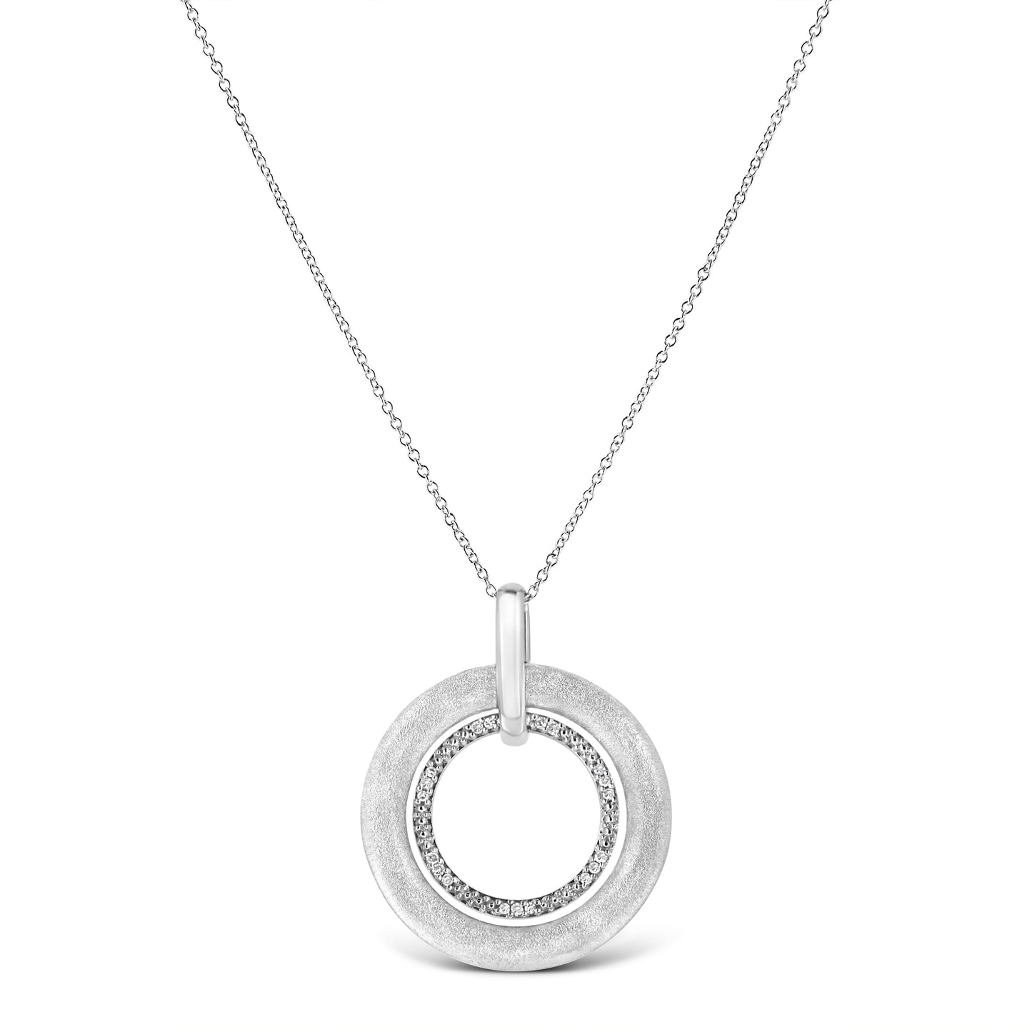 .925 Sterling Silver Prong-Set Diamond Accent Satin Finished Double Circle 18in Pendant Necklace (I-J Color, I1-I2 Clarity)