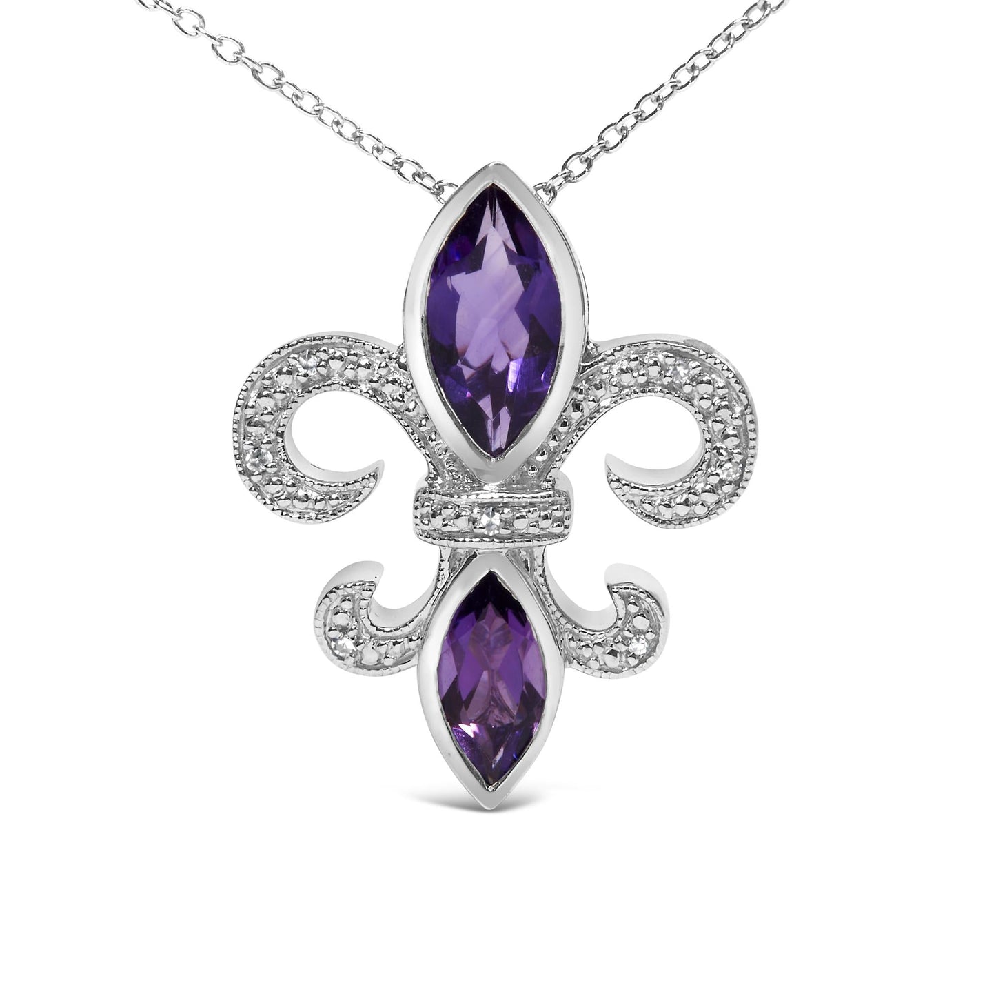 Silver necklace with a purple gemstone pendant on a white background