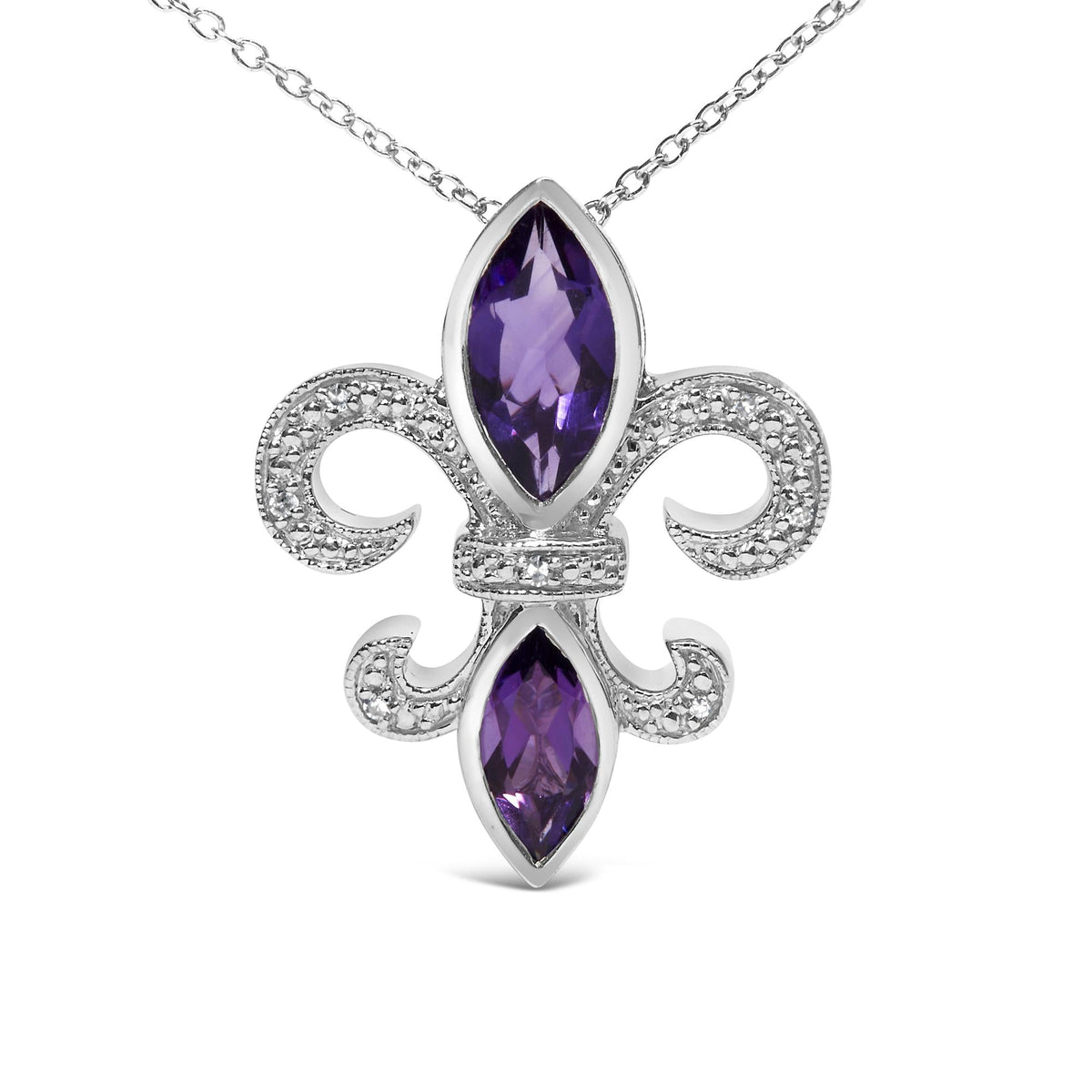 Silver necklace with a purple gemstone pendant on a white background