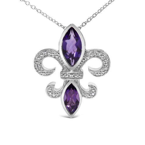 Silver necklace with a purple gemstone pendant on a white background