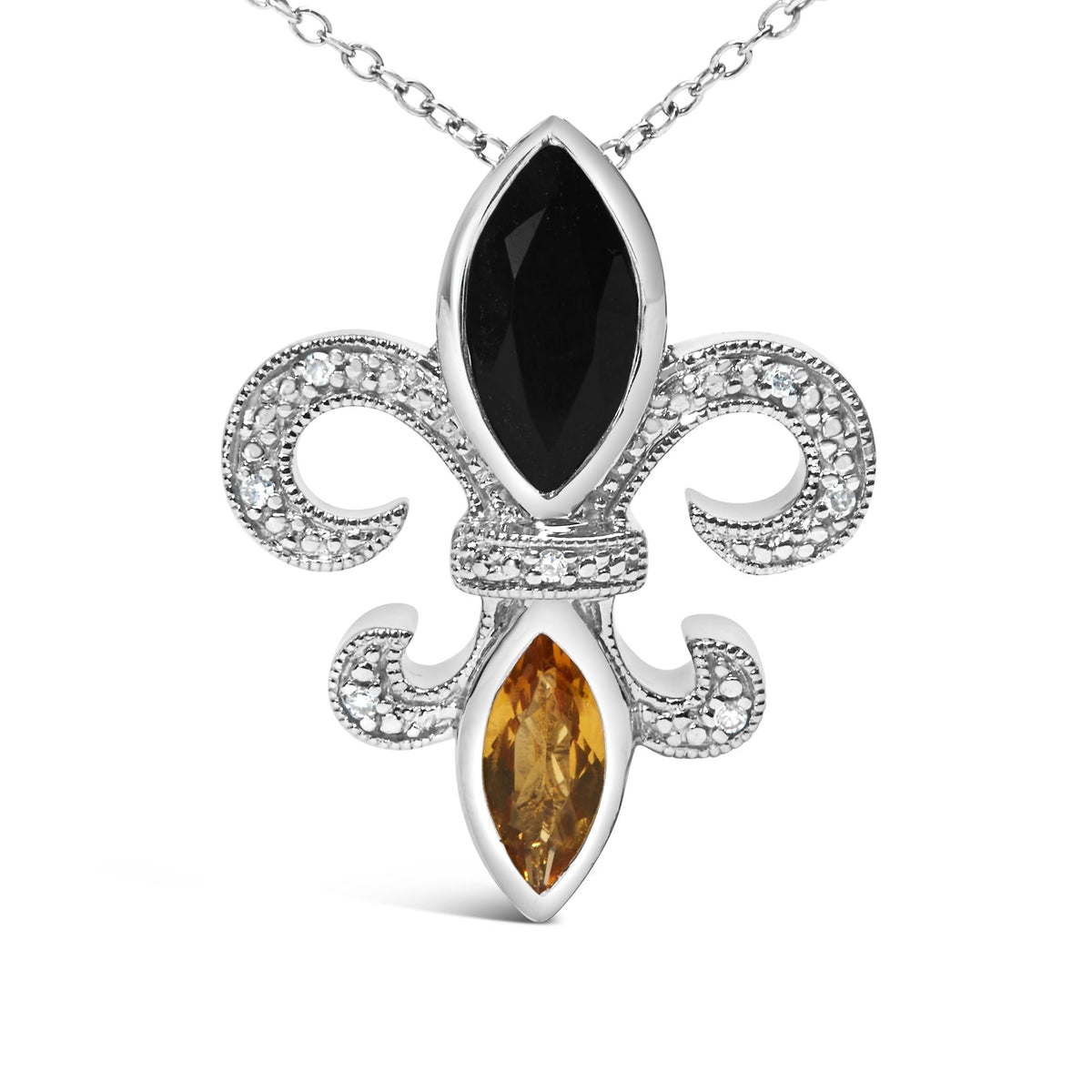 .925 Sterling Silver Marquise Onyx and Citrine and Diamond Accent Fleur De Lis Pendant Necklace (H-I Color, SI1-SI2 Clarity) - 18in