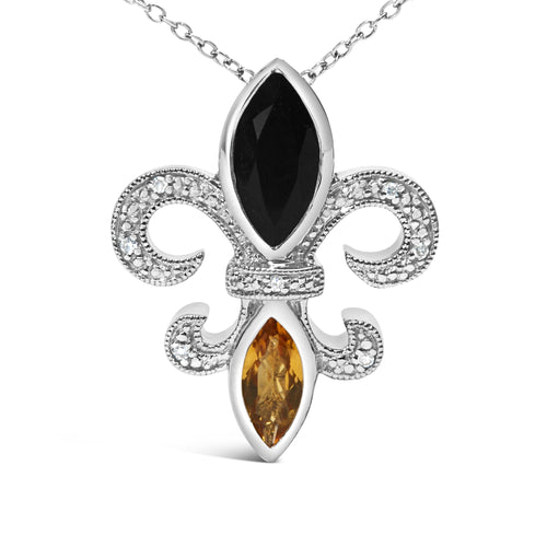 .925 Sterling Silver Marquise Onyx and Citrine and Diamond Accent Fleur De Lis Pendant Necklace (H-I Color, SI1-SI2 Clarity) - 18in