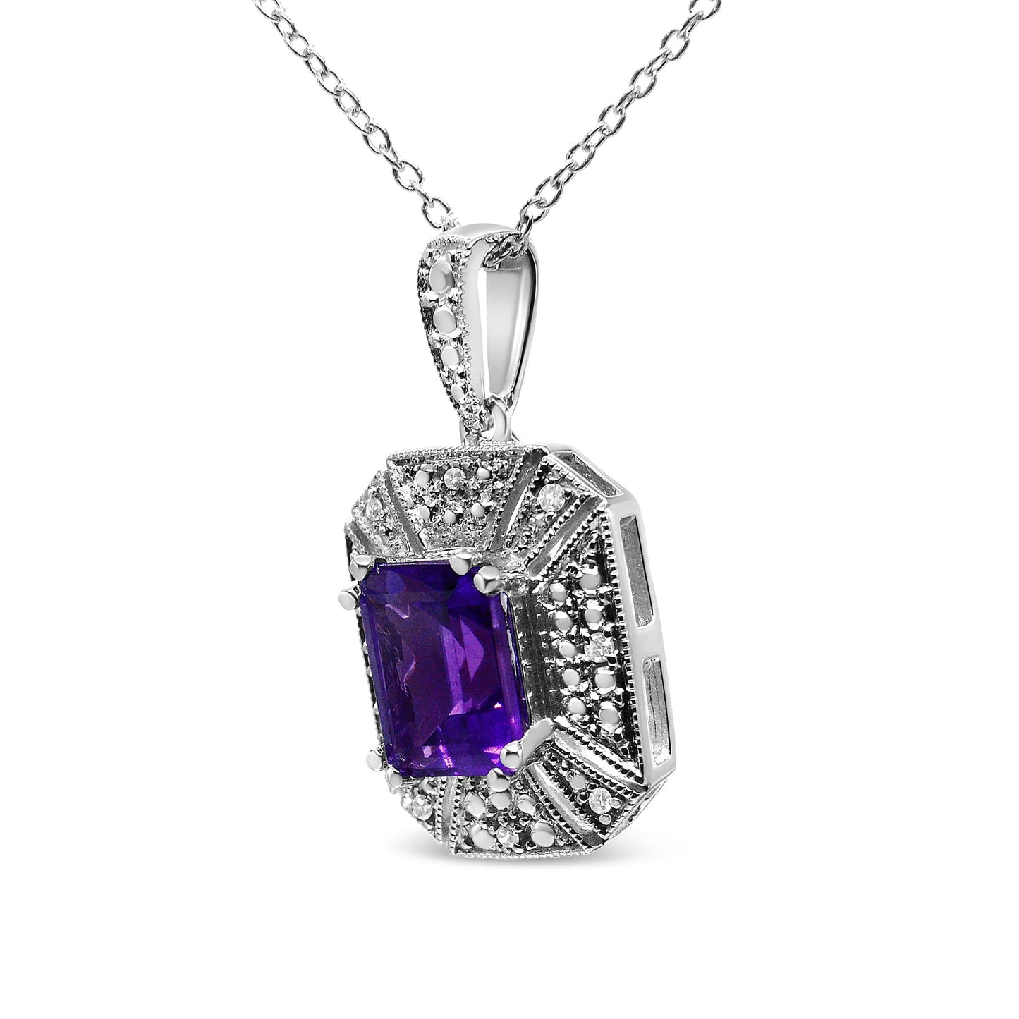 .925 Sterling Silver Purple Amethyst and Diamond Accent Art Deco Style 18in Pendant Necklace (I-J Color, I1-I2 Clarity)