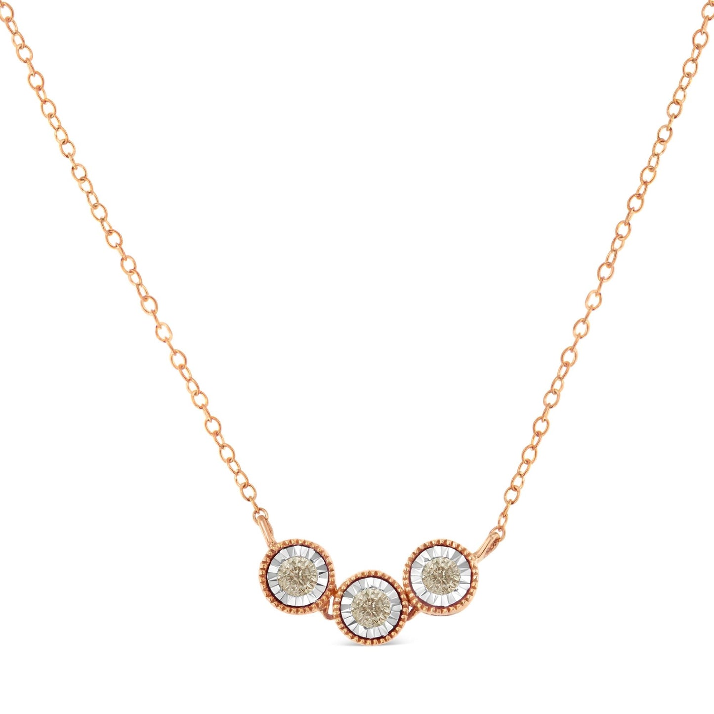 10K Rose and White Gold Plated .925 Sterling Silver 1/4 Cttw Miracle-Set Champagne Diamond Triple Circle 18in Necklace (I2-I3 Clarity)