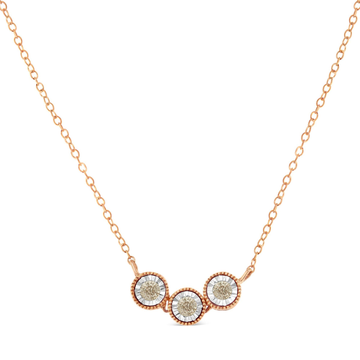 10K Rose and White Gold Plated .925 Sterling Silver 1/4 Cttw Miracle-Set Champagne Diamond Triple Circle 18in Necklace (I2-I3 Clarity)