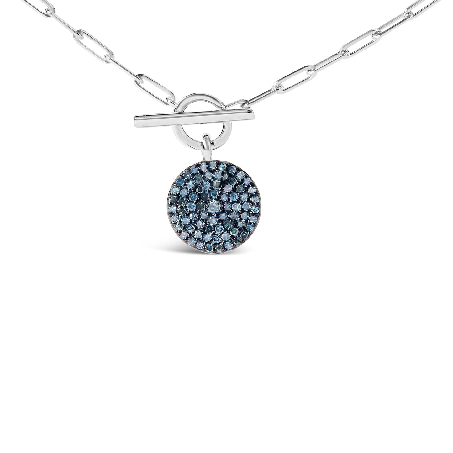 .925 Sterling Silver 3/8 Cttw Blue Diamond Medallion with Toggle Bale Paperclip Chain Pendant Necklace (Blue Color, SI1-SI2 Clarity) - 18in