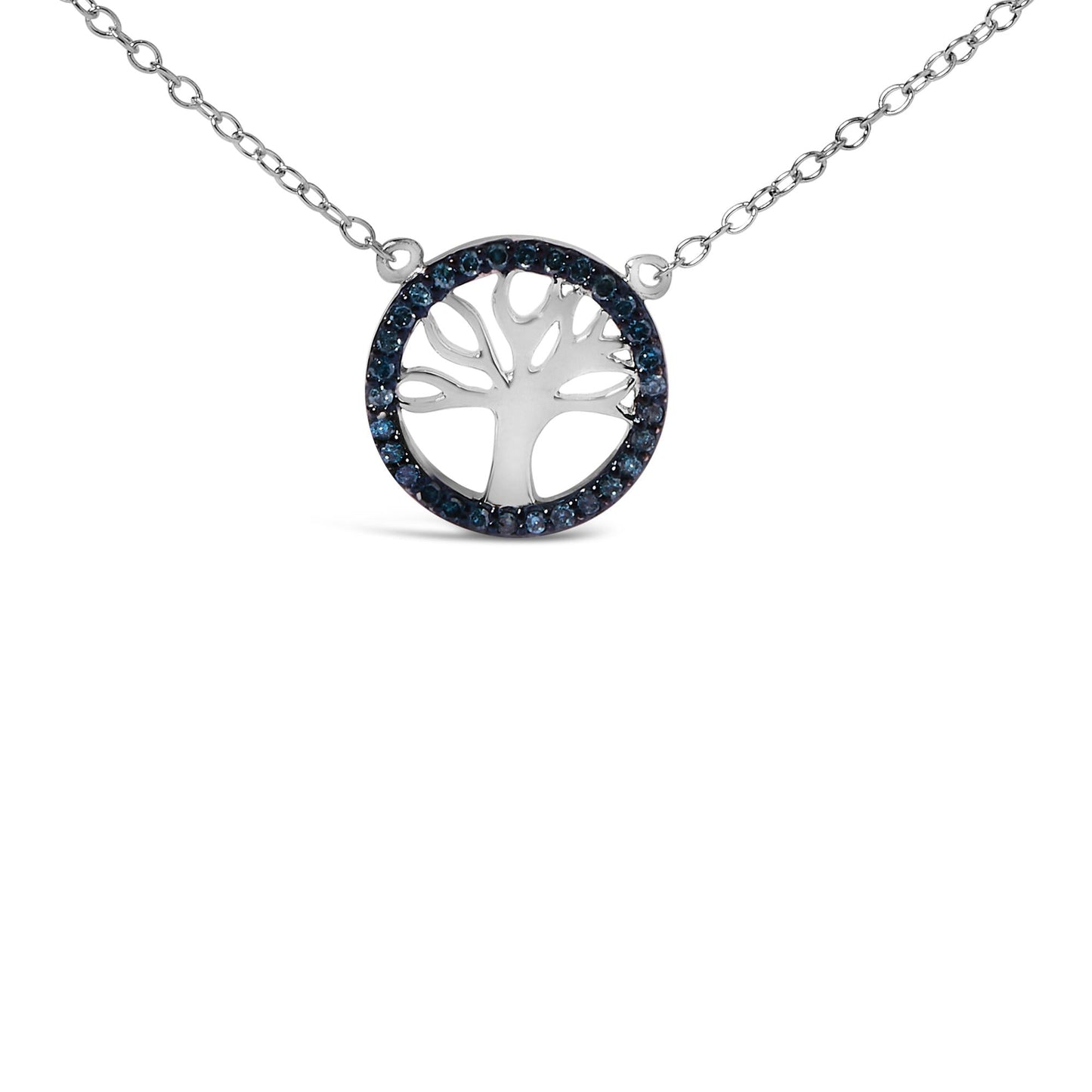 .925 Sterling Silver 1/6 Cttw Blue Diamond Tree of Life and Circle 18in Pendant Necklace (Blue Color, SI1-SI2 Clarity)