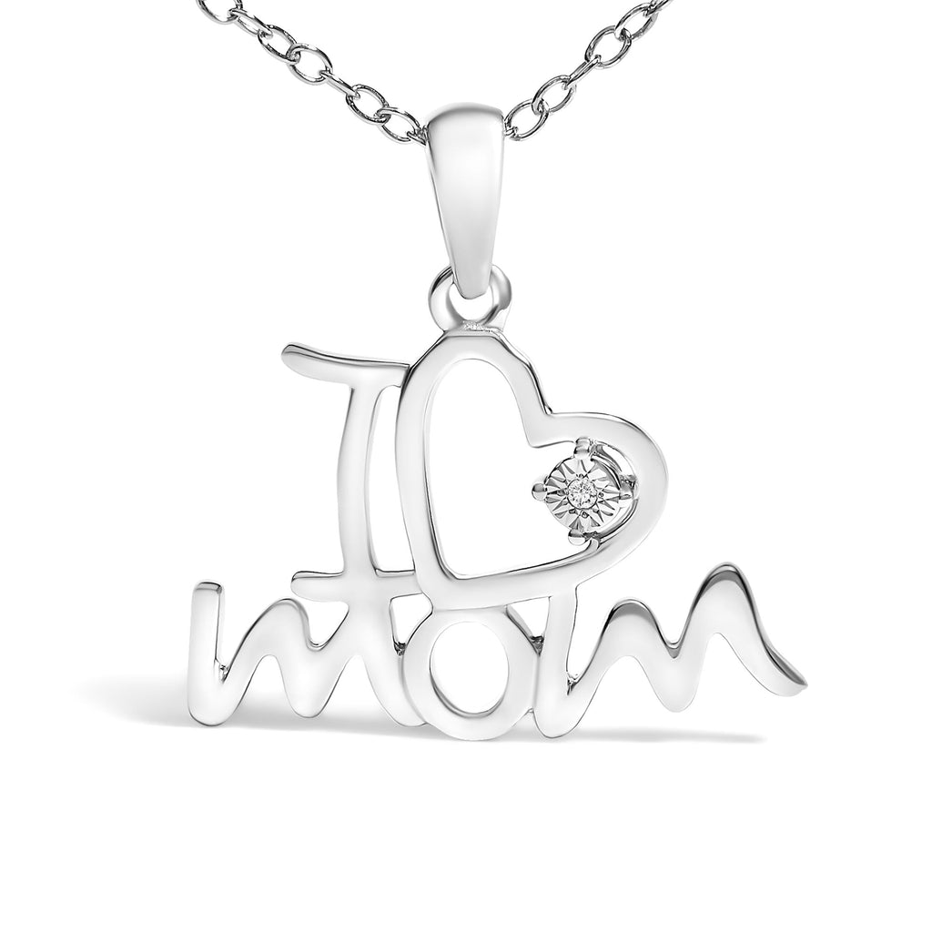 .925 Sterling Silver Diamond Accent "I Love Mom" Heart Pendant Necklace (J-K Color, I2-I3 Clarity) - 18 Inches
