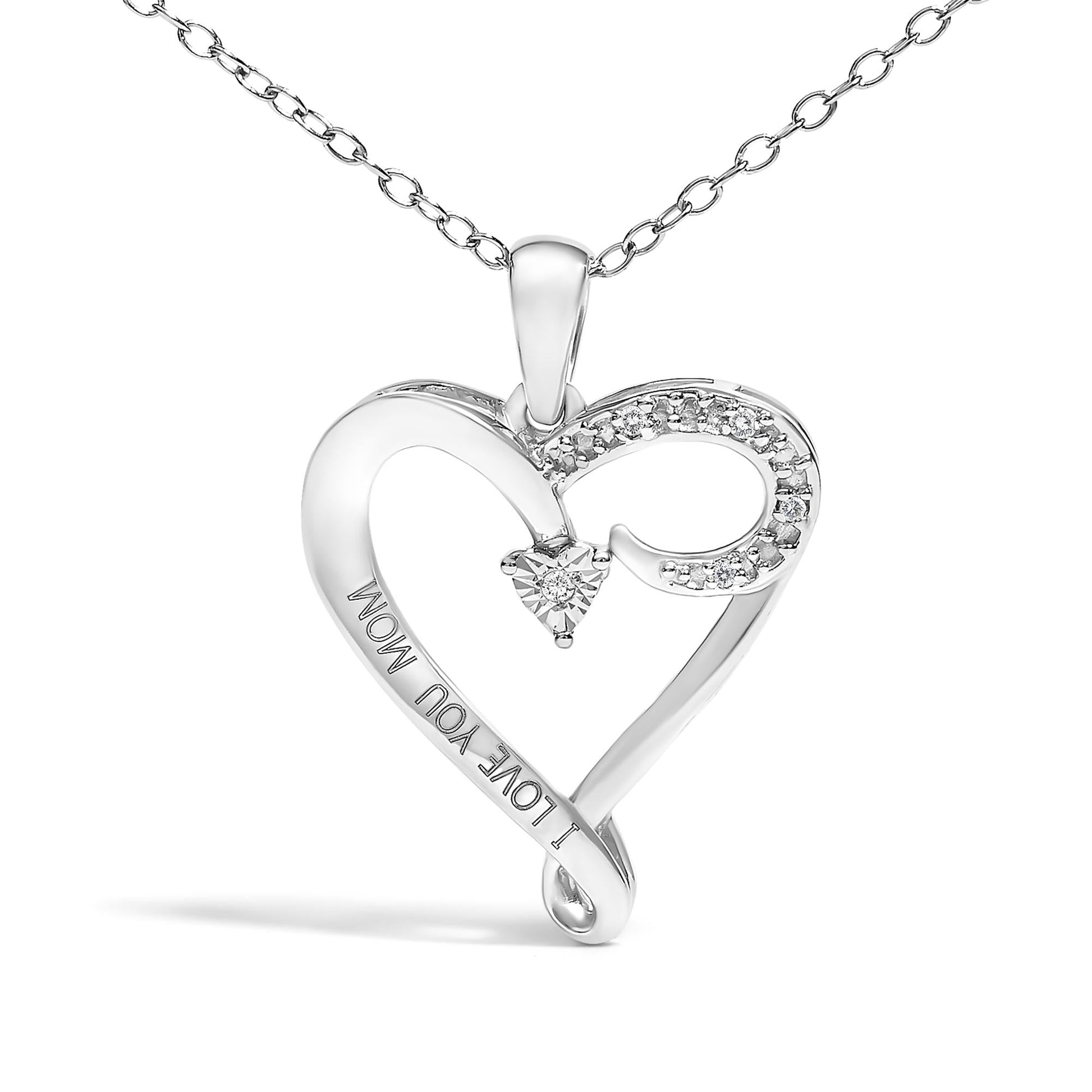 Silver heart-shaped pendant with 'I love you mom' engraving on a white background
