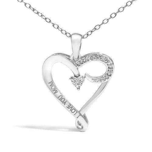 Silver heart-shaped pendant with 'I love you mom' engraving on a white background