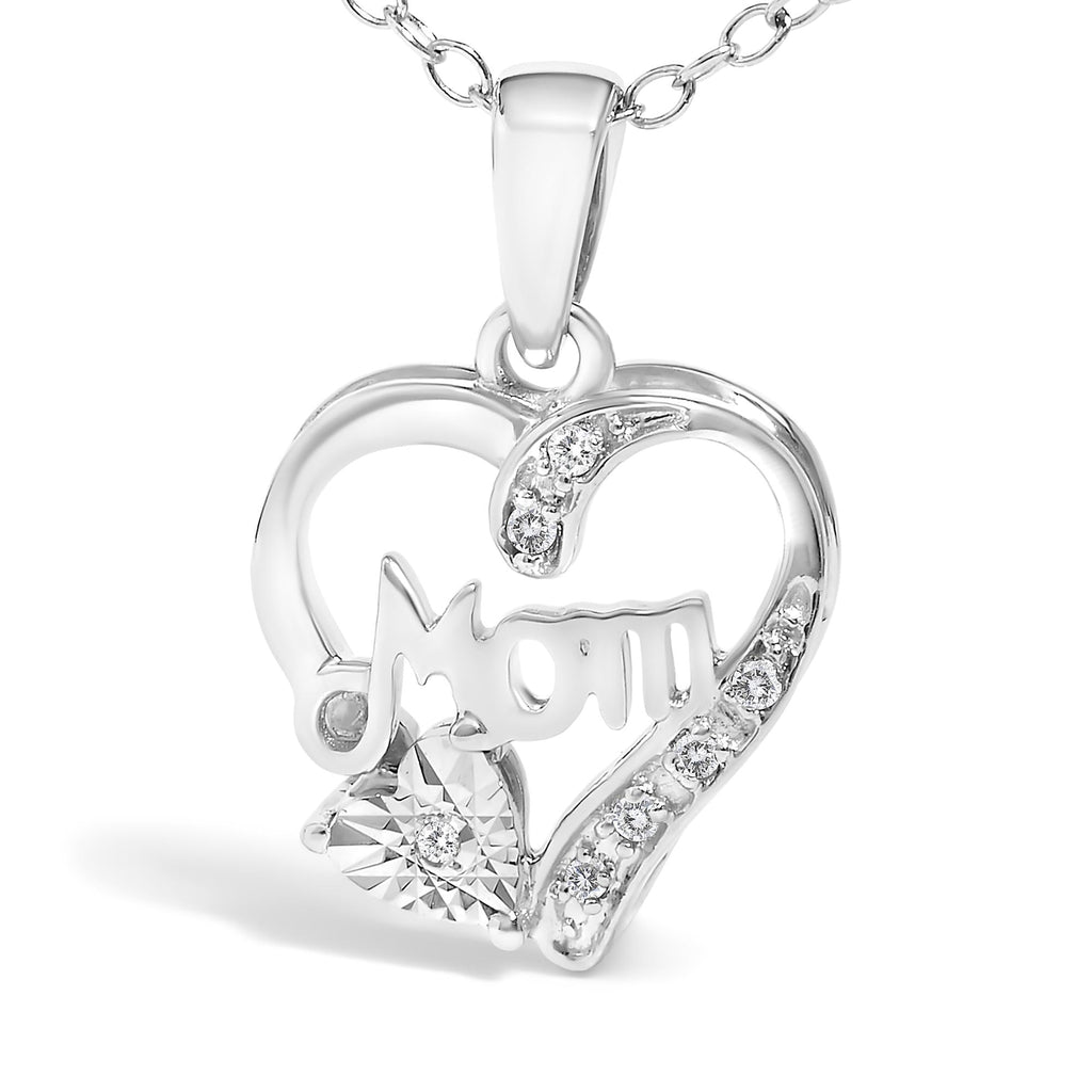 .925 Sterling Silver Diamond Accent Mom with Heart Pendant Necklace (J-K Color, I2-I3 Clarity) - 18 inches