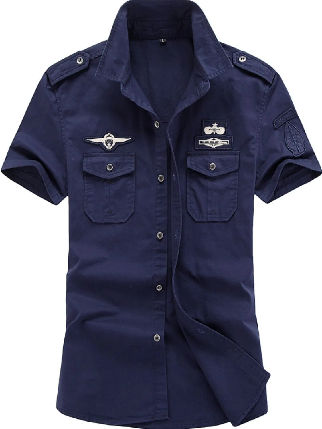 Navy blue Embroidered patchwork Collared Neck Short Sleeve Shirt 