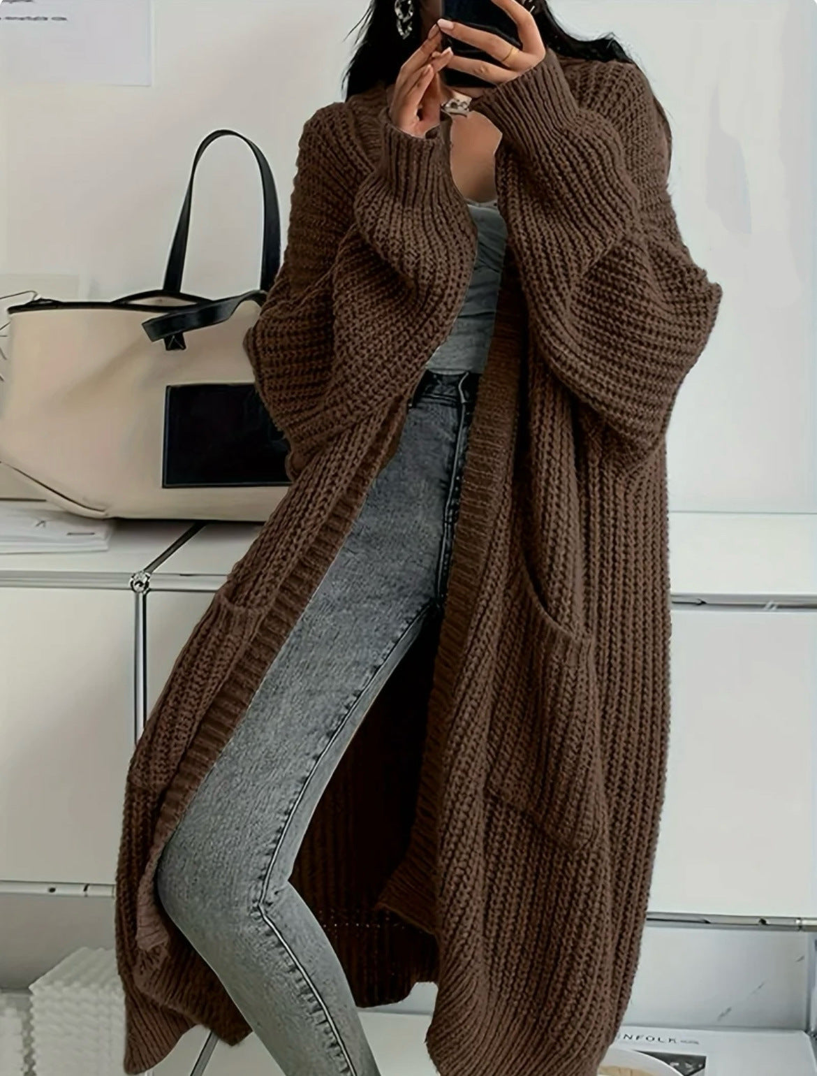 Whispered Opulence: Loose Thick Knit Coat in Effortless Chromatic Grace