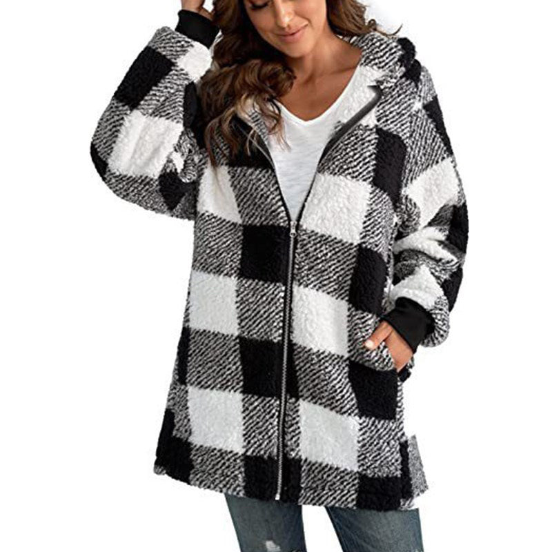 Tartan Tempest: Plaid Hooded Zip-Up Jacket for Urban Winter Wanderings