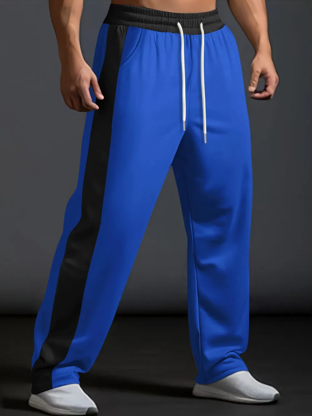Men's Blue Drawstring Contrast Wide Leg Joggers 