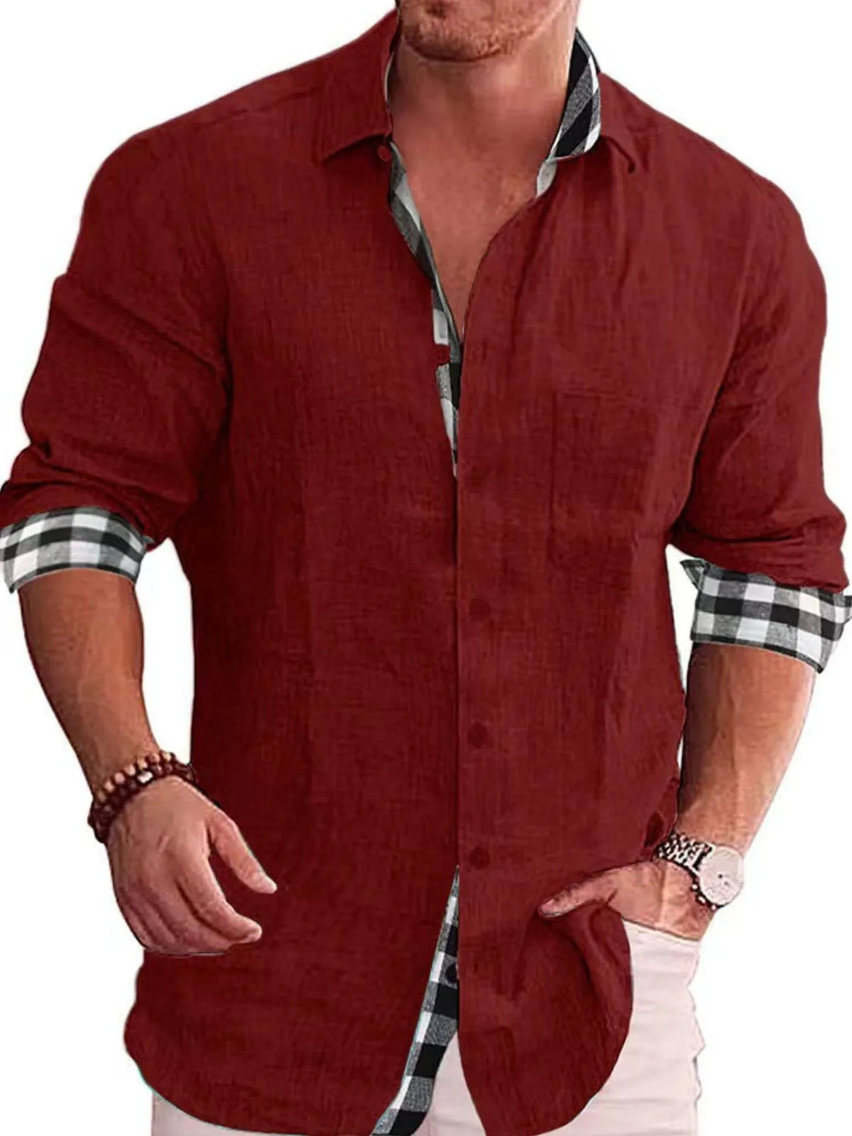 Male model wearing a burgundy Casual Linen Plaid-Trim Button Down Shirt
