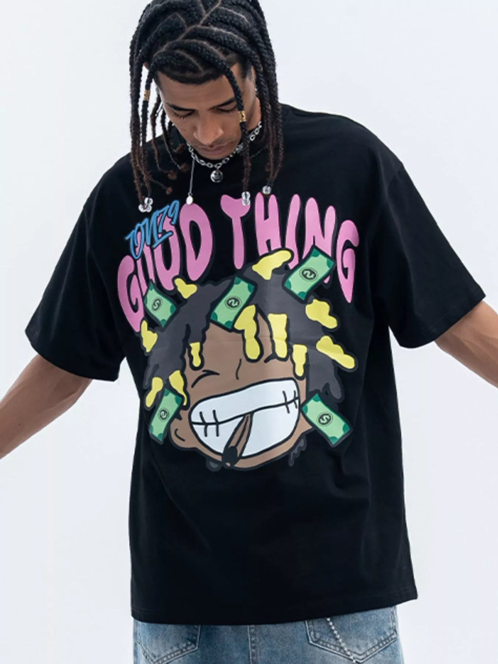 Model wearing a black fierceguy "Good Thing" graphic t-shirt front
