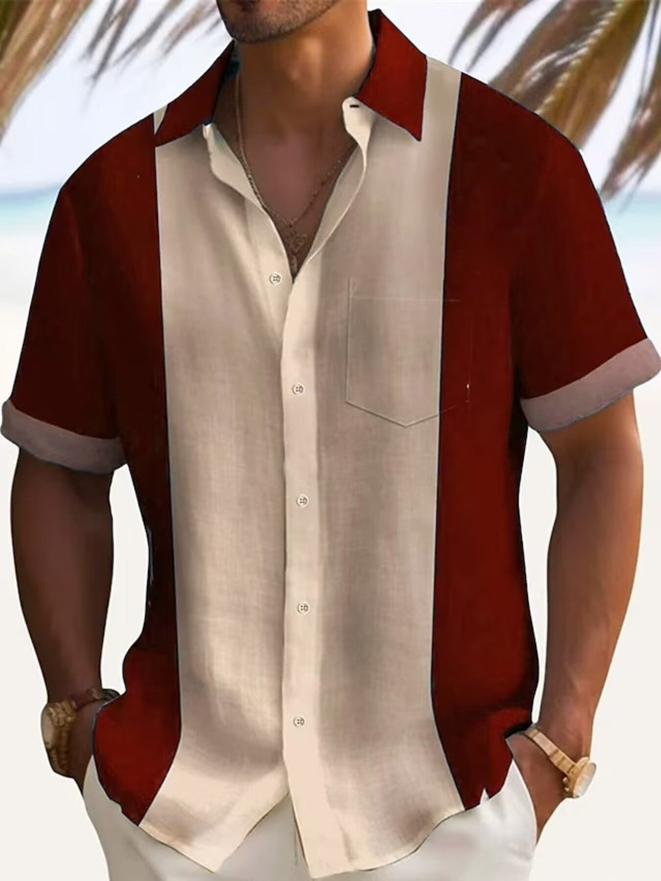 Men's Retro Color Block Vibe wine red Shirt