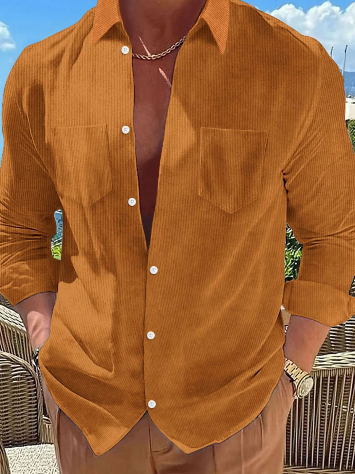 Male model wearing a terracotta ribbed Button Down Long Sleeve Casual Shirt 