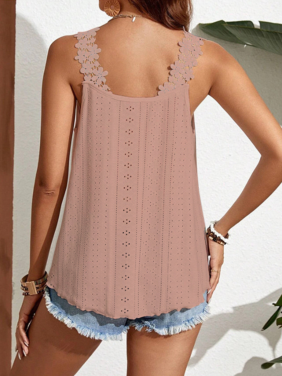 Back view of Model wearing a Pale Blush Women's Floral Shoulder Laced Detail Scoop Neck Tank