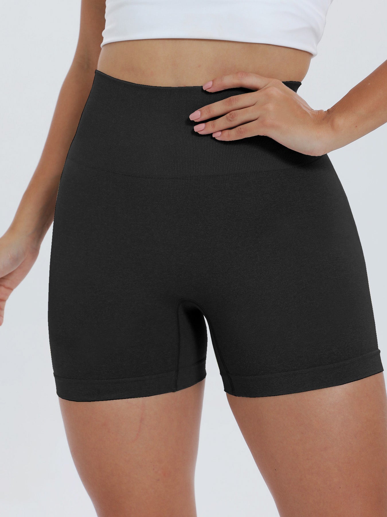 Women's Mid-Thigh High Waist Active Black Shorts-Front View