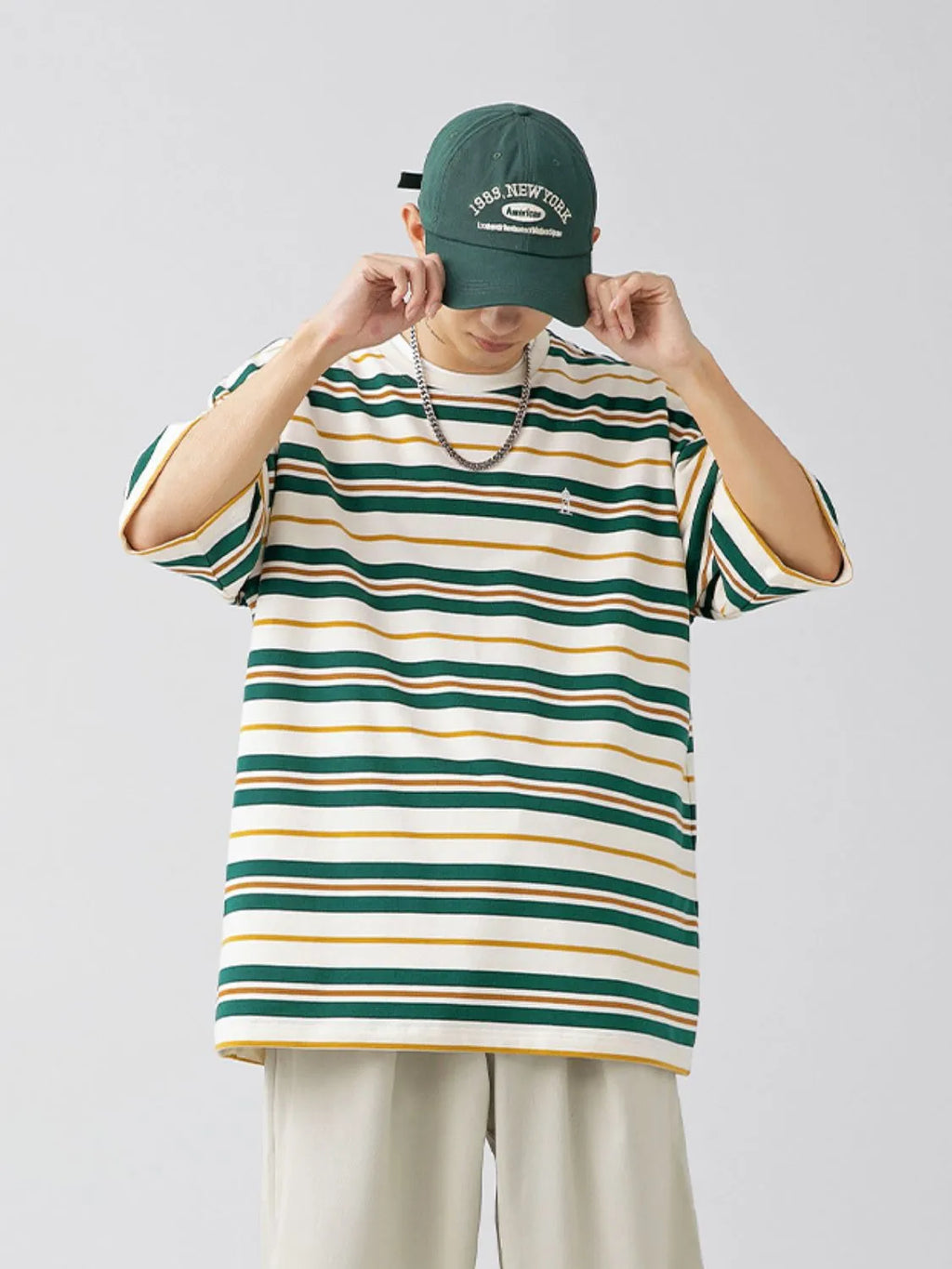 Men's dark green urban short sleeve stripe t-shirt front view