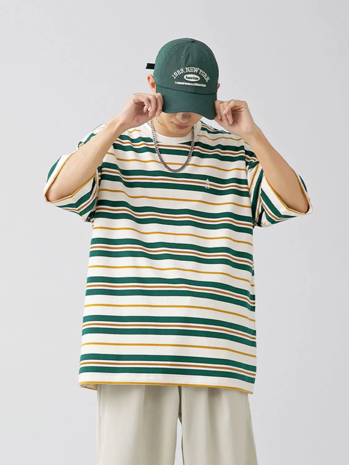 Men's dark green urban short sleeve stripe t-shirt front view